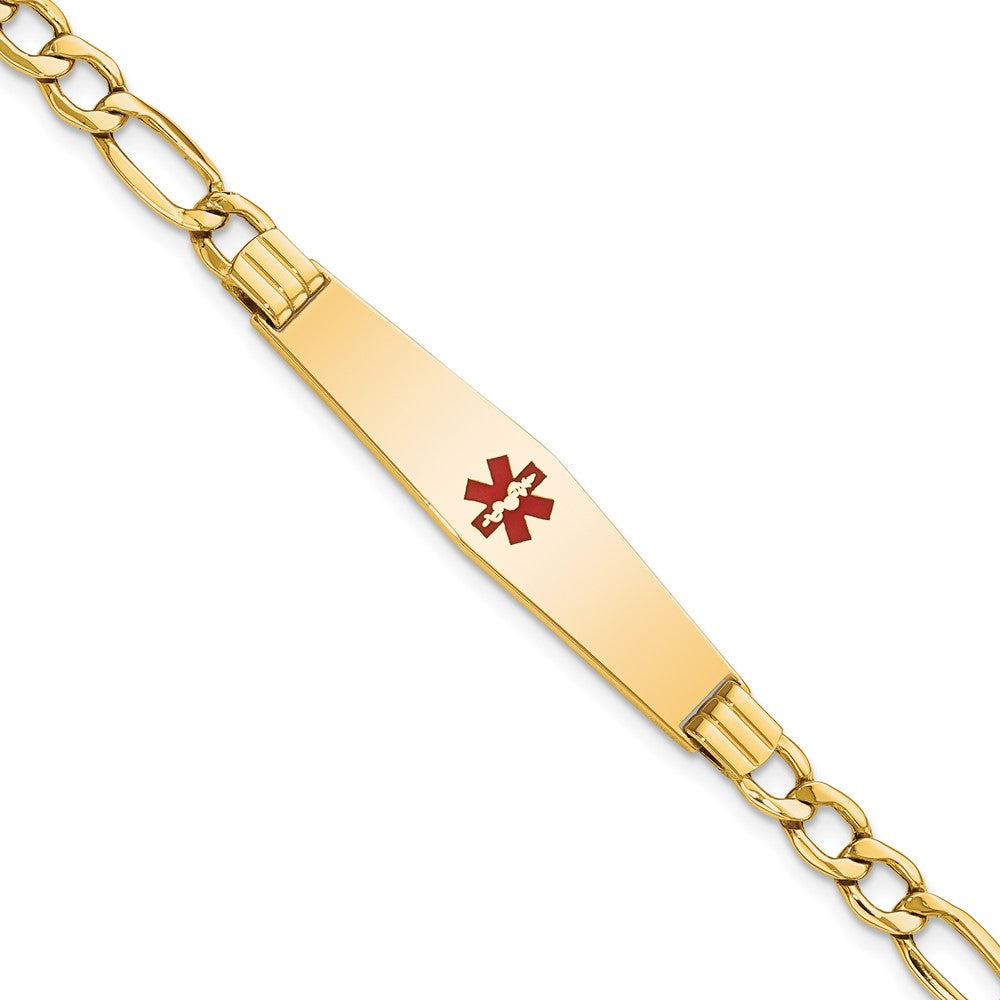 Engravable 14K Yellow Gold Medical Soft Diamond Shape Red Enamel Figaro ID Bracelet Length 7 inches Width 9 mm With Lobster Claw Clasp