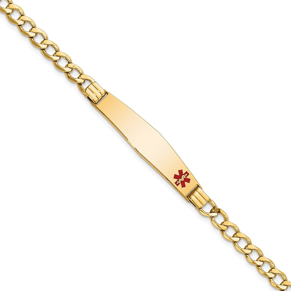 Engravable 14K Yellow Gold Medical Soft Diamond Shape Red Enamel Cuban ID Bracelet Length 8 inches Width 9 mm With Lobster Claw Clasp