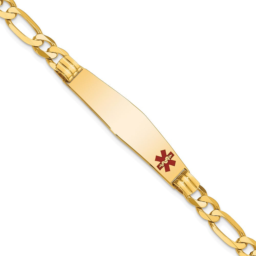 Engravable 14K Yellow Gold Medical Soft Diamond Shape Red Enamel Figaro ID Bracelet Length 7 inches Width 9.5 mm With Lobster Claw Clasp