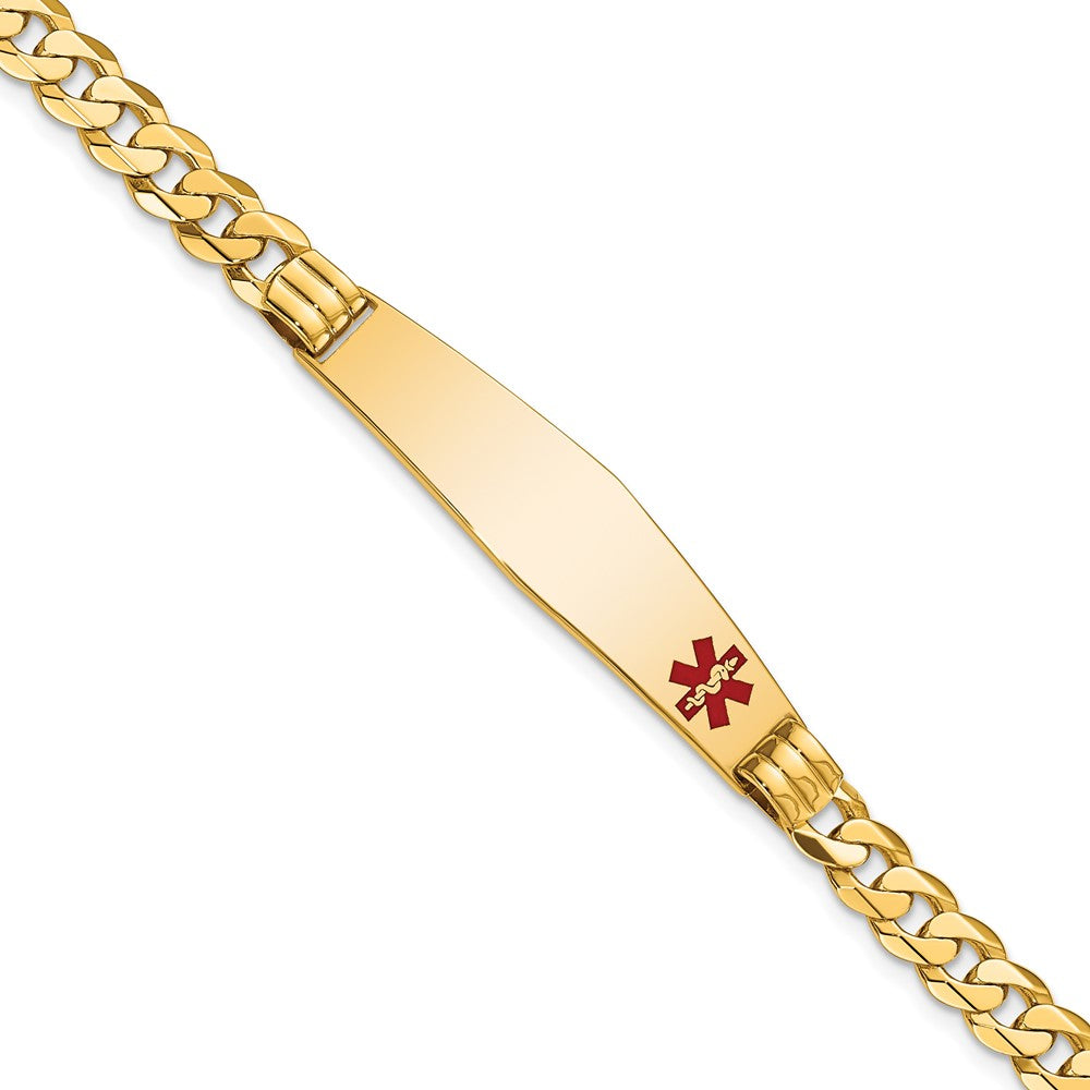 Engravable 14K Yellow Gold Medical Soft Diamond Shape Red Enamel Curb Link ID Bracelet Length 7 inches Width 9.5 mm With Lobster Claw Clasp