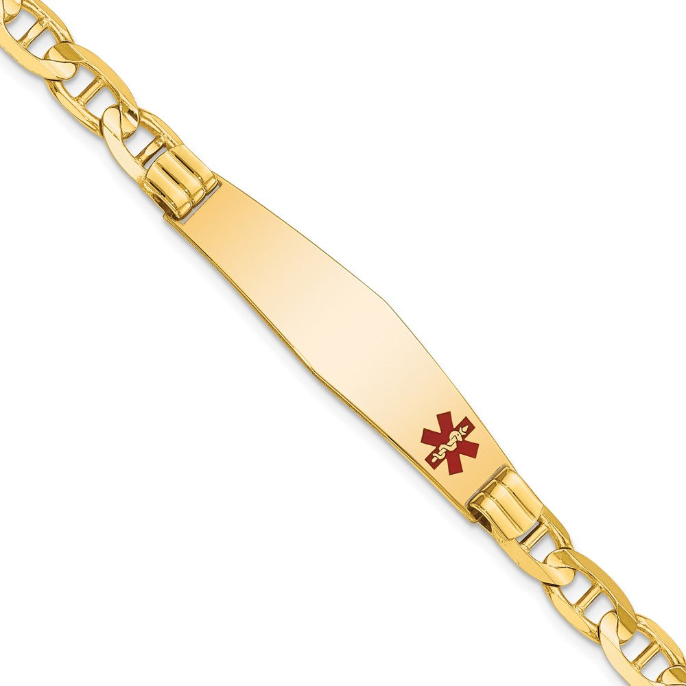 Engravable 14K Yellow Gold Medical Soft Diamond Shape Red Enamel Anchor Link ID Bracelet Length 7 inches Width 9.5 mm With Lobster Claw Clasp