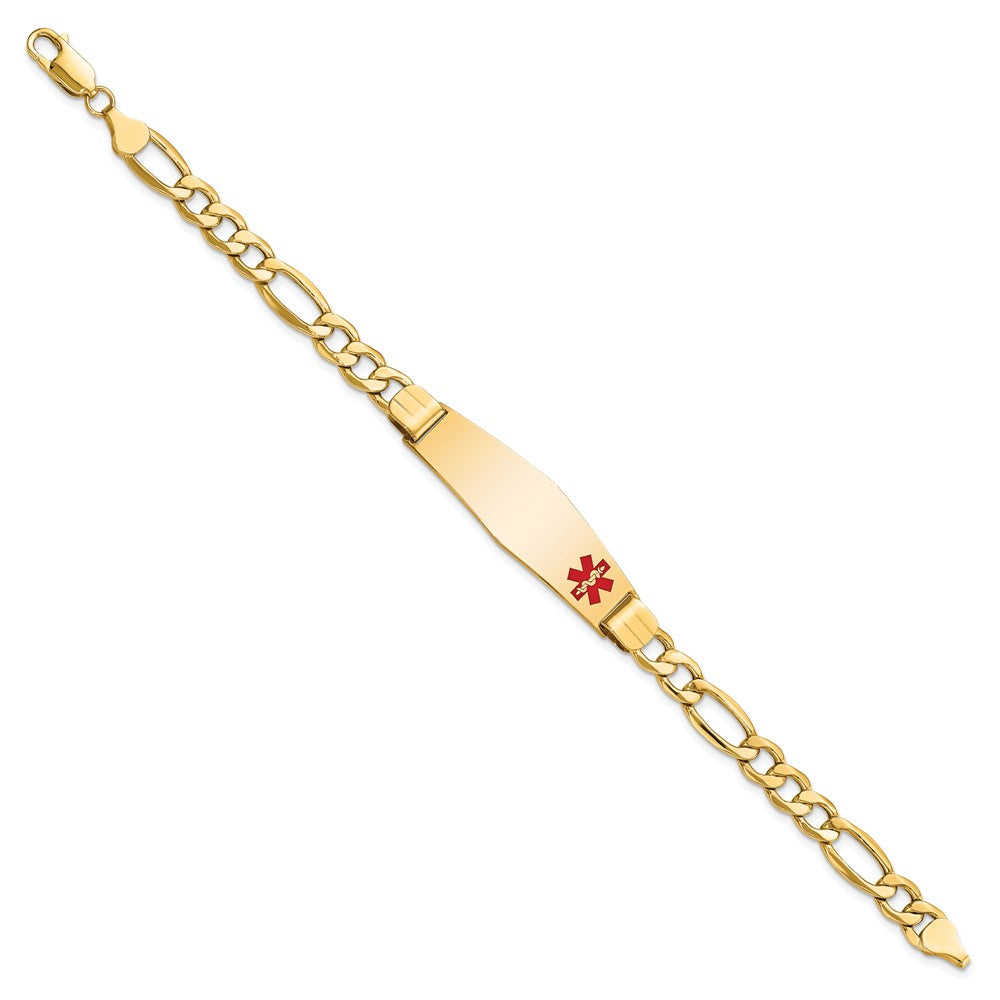 Engravable 14K Yellow Gold Medical Soft Diamond Shape Red Enamel Figaro ID Bracelet Length 8 inches Width 13.5 mm With Lobster Claw Clasp