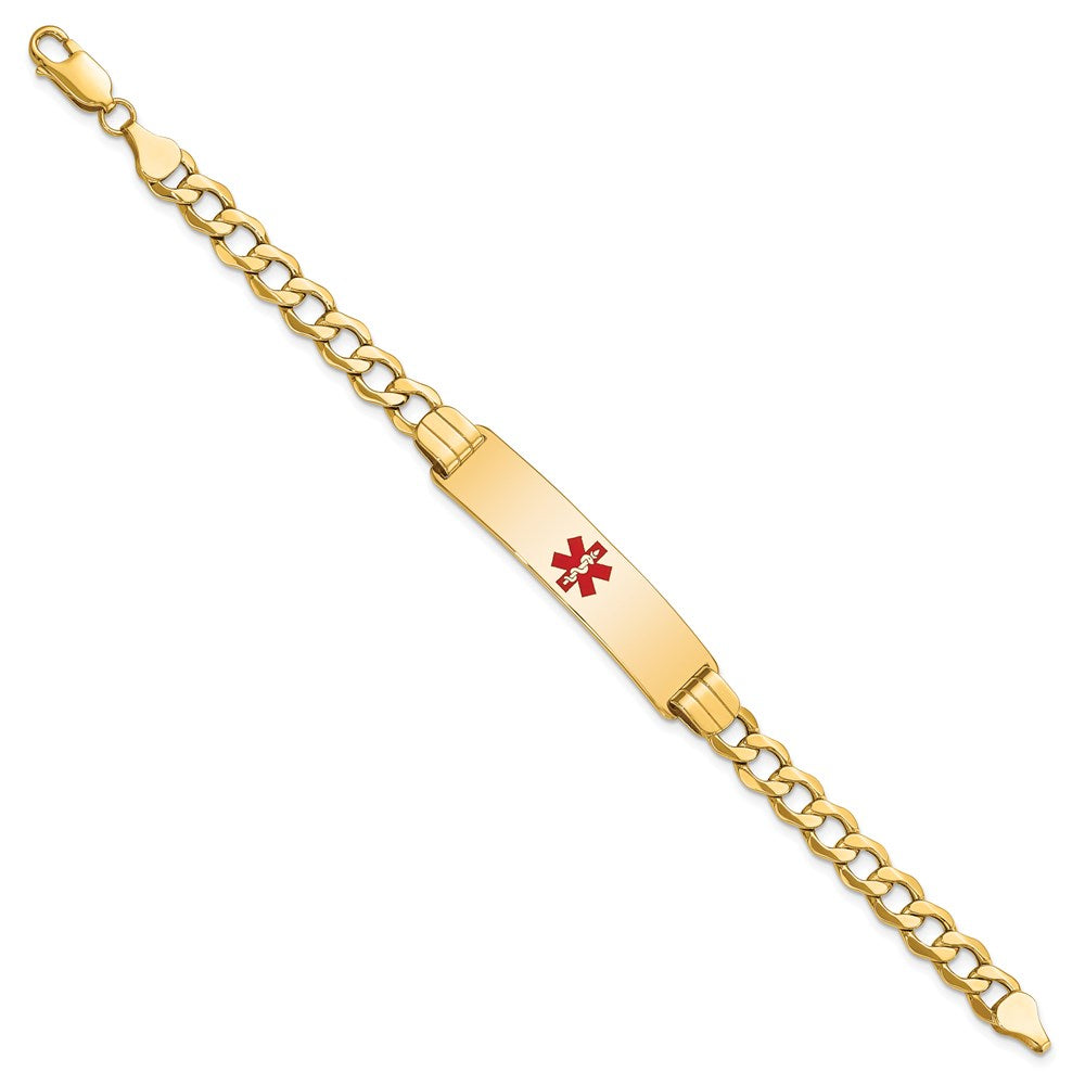 Engravable 14K Yellow Gold Medical Red Enamel Curb Link ID Bracelet Length 7 inches Width 10.5 mm With Lobster Claw Clasp