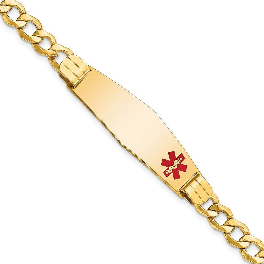 Engravable 14K Yellow Gold Medical Soft Diamond Shape Red Enamel Curb Link ID Bracelet Length 7 inches Width 13.5 mm With Lobster Claw Clasp