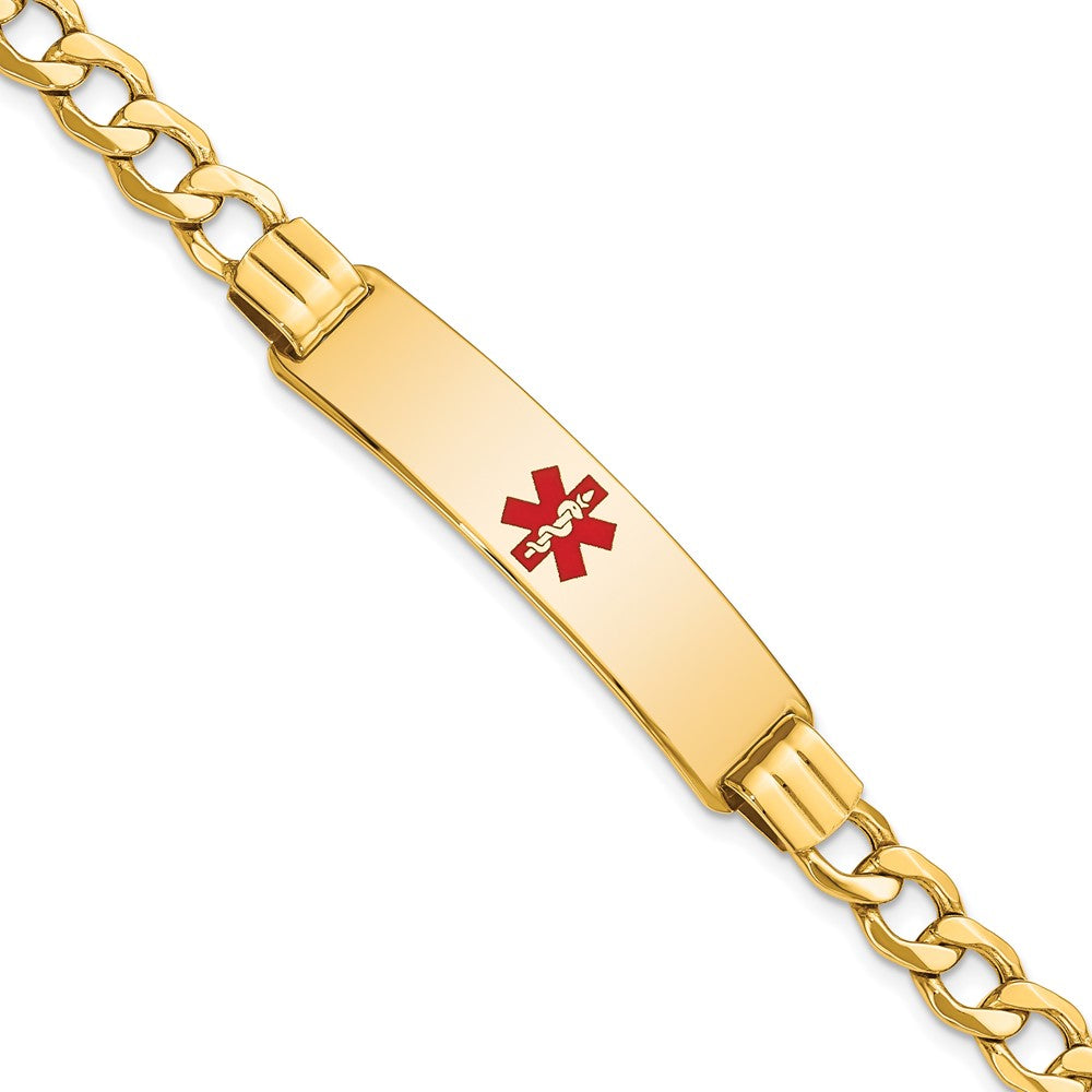 Engravable 14K Yellow Gold Medical Red Enamel Curb Link ID Bracelet Length 8 inches Width 10.5 mm With Lobster Claw Clasp