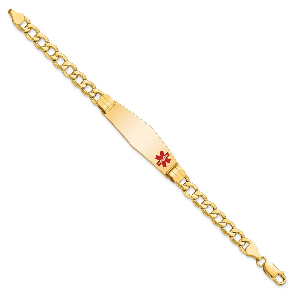 Engravable 14K Yellow Gold Medical Soft Diamond Shape Red Enamel Curb Link ID Bracelet Length 8 inches Width 13.5 mm With Lobster Claw Clasp