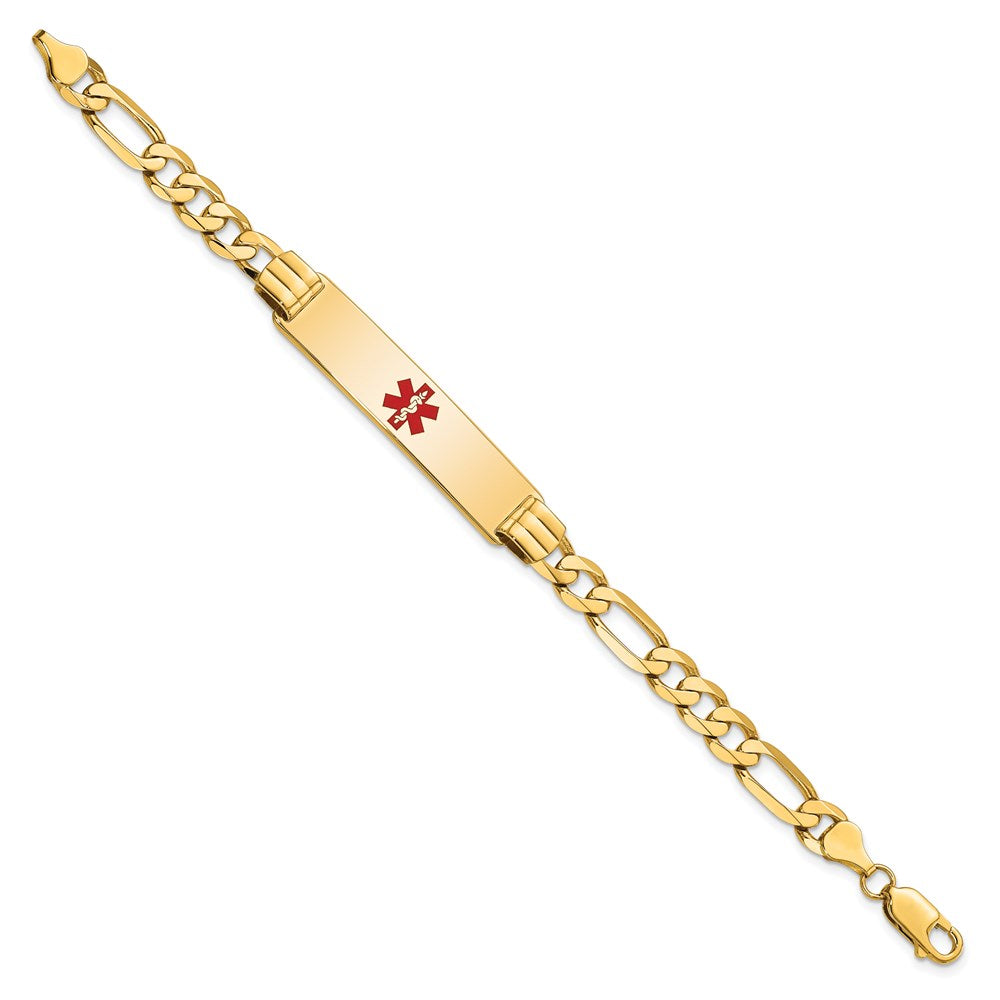 Engravable 14K Yellow Gold Medical Red Enamel Flat Figaro Link ID Bracelet Length 7 inches Width 10.5 mm With Lobster Claw Clasp