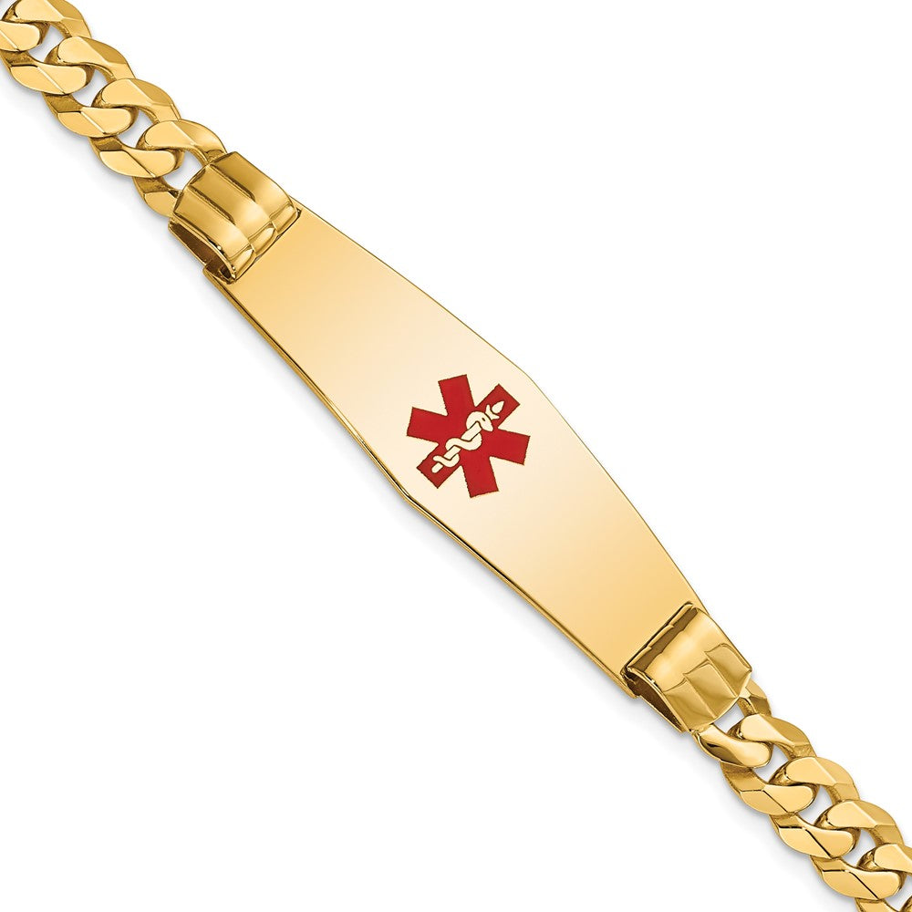Engravable 14K Yellow Gold Medical Soft Diamond Shape Red Enamel Curb Link ID Bracelet Length 7 inches Width 13.5 mm With Lobster Claw Clasp