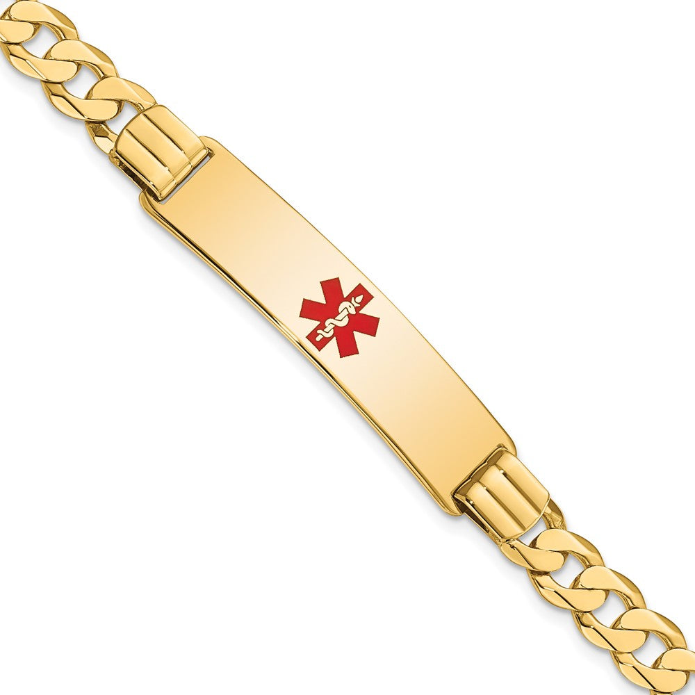 Engravable 14K Yellow Gold Medical Red Enamel Curb Link ID Bracelet Length 8 inches Width 10.5 mm With Lobster Claw Clasp