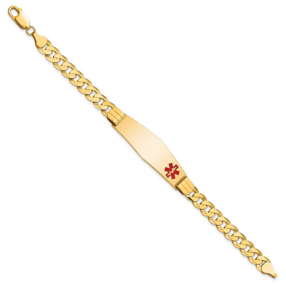 Engravable 14K Yellow Gold Medical Soft Diamond Shape Red Enamel Curb Link ID Bracelet Length 7 inches Width 13.5 mm With Lobster Claw Clasp