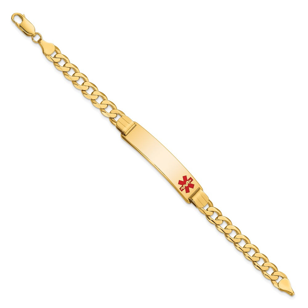 Engravable 14K Yellow Gold Medical Red Enamel Curb Link ID Bracelet Length 8 inches Width 10.5 mm With Lobster Claw Clasp