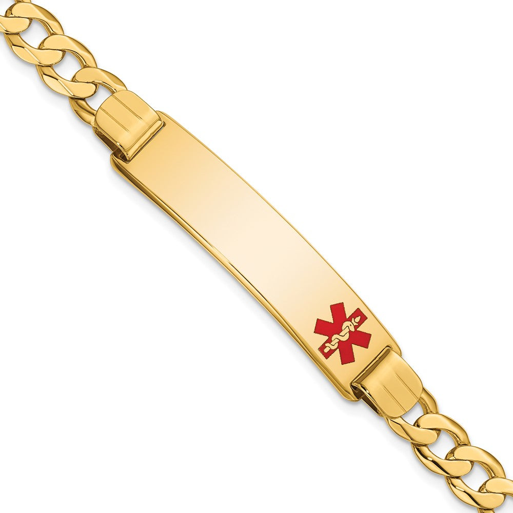 Engravable 14K Yellow Gold Medical Red Enamel Curb Link ID Bracelet Length 7 inches Width 10.5 mm With Lobster Claw Clasp