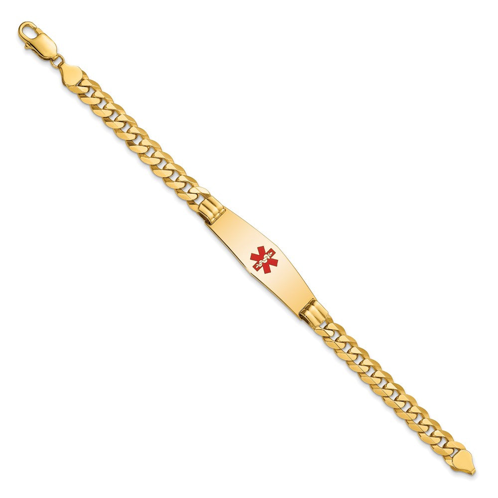 Engravable 14K Yellow Gold Medical Soft Diamond Shape Red Enamel Flat Curb Link ID Bracelet Length 8 inches Width 13.5 mm With Lobster Claw Clasp