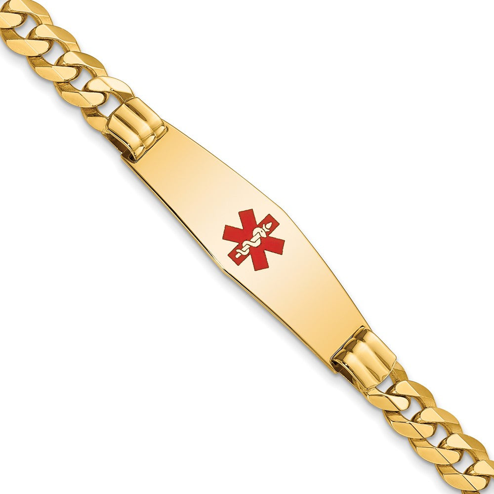 Engravable 14K Yellow Gold Medical Soft Diamond Shape Red Enamel Flat Curb Link ID Bracelet Length 8 inches Width 13.5 mm With Lobster Claw Clasp