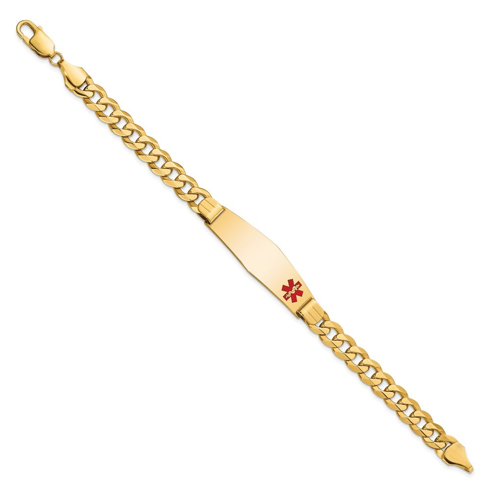 Engravable 14K Yellow Gold Medical Soft Diamond Shape Red Enamel Flat Curb Link ID Bracelet Length 8 inches Width 13.5 mm With Lobster Claw Clasp