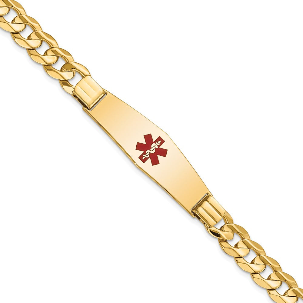 Engravable 14K Yellow Gold Medical Soft Diamond Shape Red Enamel Curb ID Bracelet Length 8 inches Width 13.5 mm With Lobster Claw Clasp