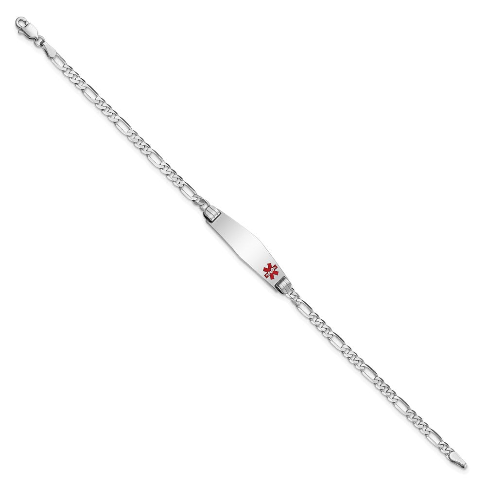 Engravable 14K White Gold Medical Soft Diamond Shape Red Enamel Figaro Link ID Bracelet Length 8 inches Width 7.5 mm With Lobster Claw Clasp