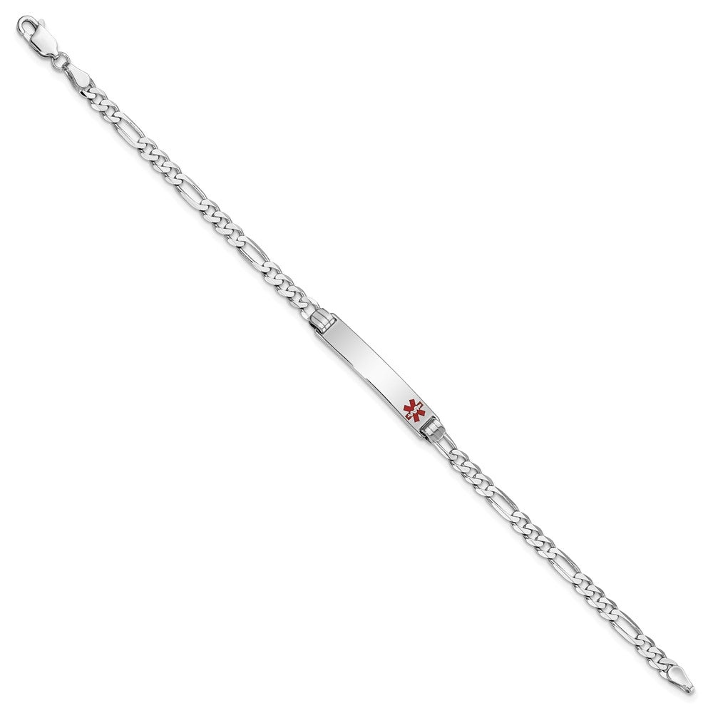 Engravable 14K White Gold Medical Red Enamel Figaro Link ID Bracelet Length 8 inches Width 5.5 mm With Lobster Claw Clasp