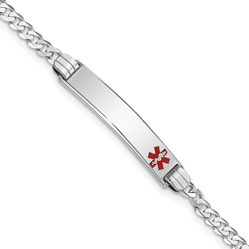 Engravable 14K White Gold Medical Red Enamel Flat Curb Link ID Bracelet Length 7 inches Width 5.5 mm With Lobster Claw Clasp