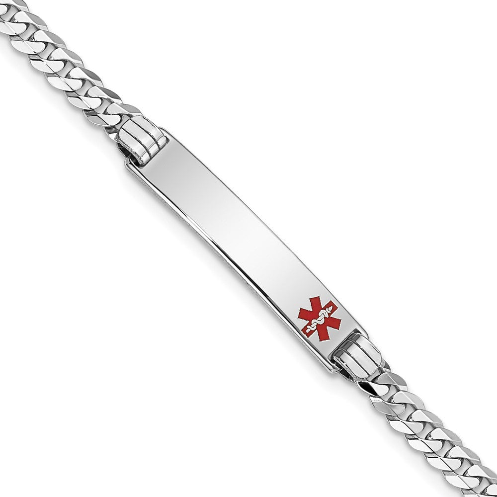 Engravable 14K White Gold Medical Red Enamel Flat Curb Link ID Bracelet Length 8 inches Width 5.5 mm With Lobster Claw Clasp