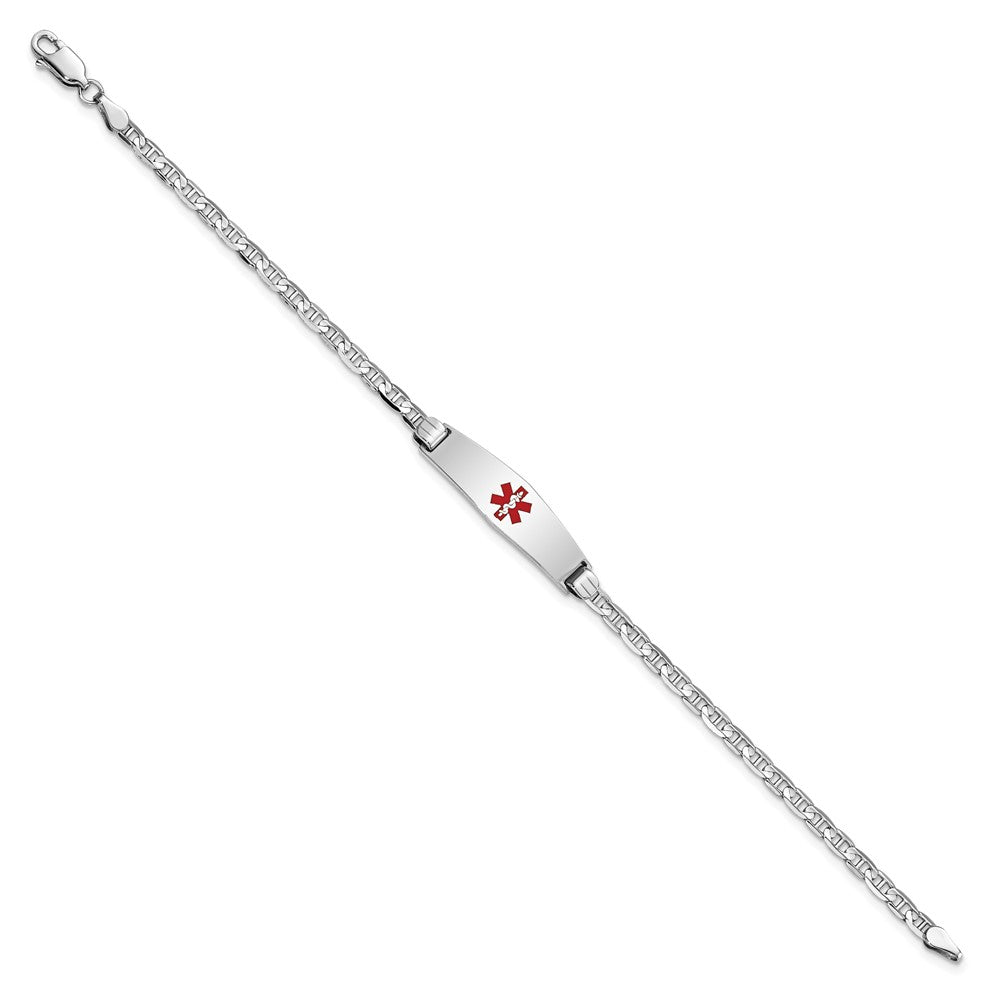 Engravable 14K White Gold Medical Soft Diamond Shape Red Enamel Anchor Link ID Bracelet Length 7 inches Width 7.5 mm With Lobster Claw Clasp