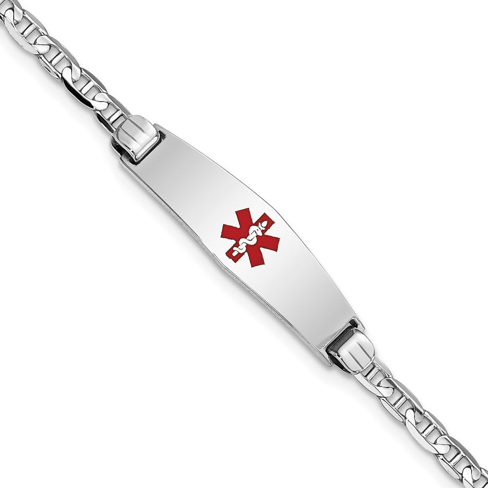 Engravable 14K White Gold Medical Soft Diamond Shape Red Enamel Anchor Link ID Bracelet Length 7 inches Width 7.5 mm With Lobster Claw Clasp
