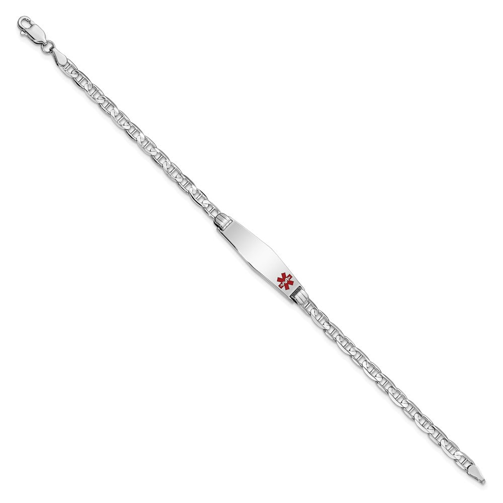 Engravable 14K White Gold Medical Soft Diamond Shape Red Enamel Anchor Link ID Bracelet Length 7 inches Width 7.5 mm With Lobster Claw Clasp