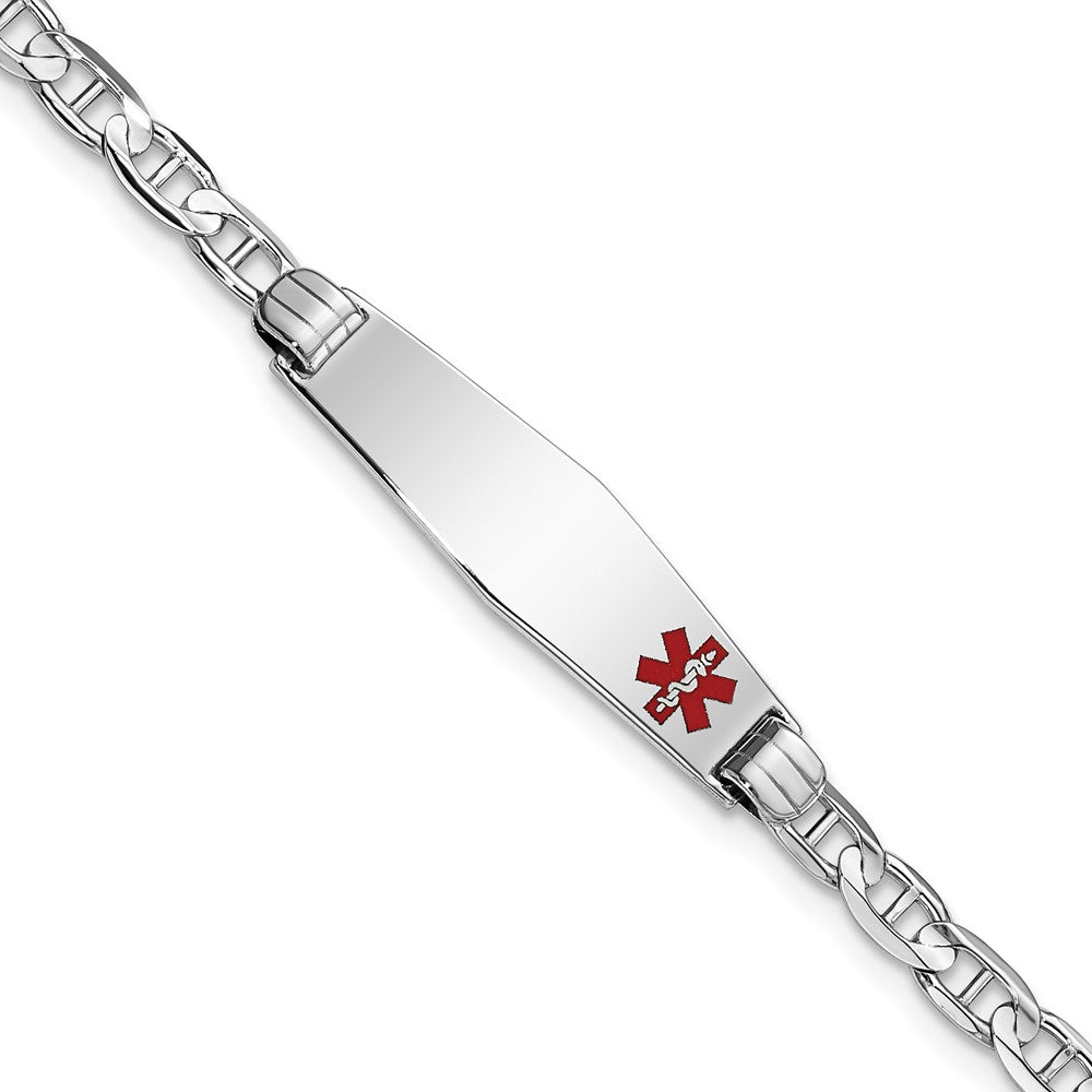 Engravable 14K White Gold Medical Soft Diamond Shape Red Enamel Anchor Link ID Bracelet Length 7 inches Width 7.5 mm With Lobster Claw Clasp