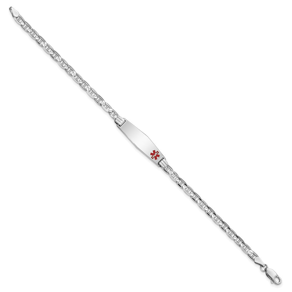 Engravable 14K White Gold Medical Soft Diamond Shape Red Enamel Anchor Link ID Bracelet Length 8 inches Width 7.5 mm With Lobster Claw Clasp