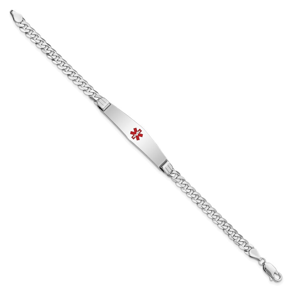 Engravable 14K White Gold Medical Soft Diamond Shape Red Enamel Flat Curb Link ID Bracelet Length 7 inches Width 9 mm With Lobster Claw Clasp