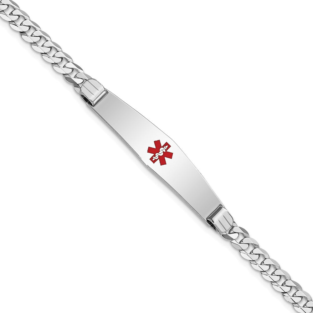 Engravable 14K White Gold Medical Soft Diamond Shape Red Enamel Flat Curb Link ID Bracelet Length 7 inches Width 9 mm With Lobster Claw Clasp