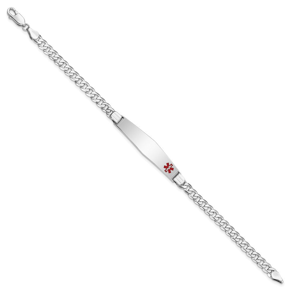 Engravable 14K White Gold Medical Soft Diamond Shape Red Enamel Flat Curb Link ID Bracelet Length 7 inches Width 9 mm With Lobster Claw Clasp