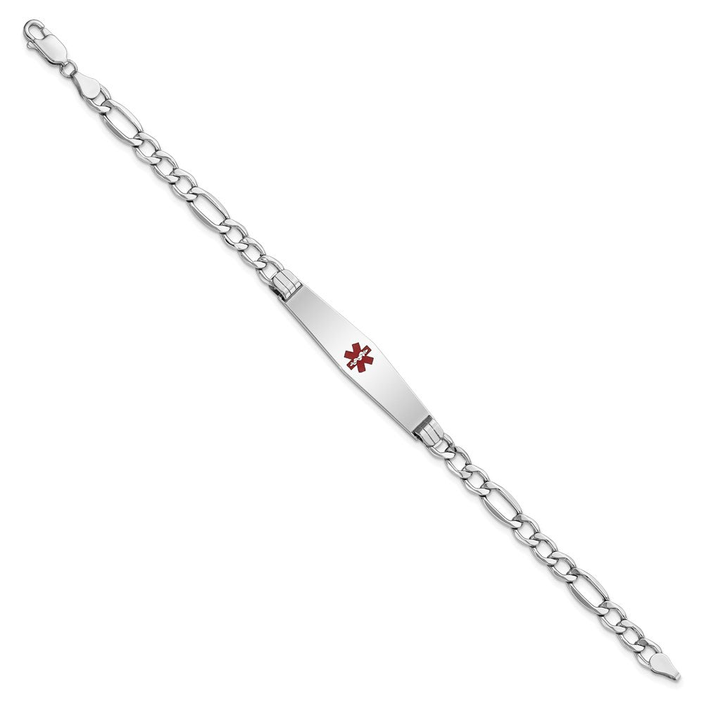 Engravable 14K White Gold Medical Soft Diamond Shape Red Enamel Figaro ID Bracelet Length 7 inches Width 9 mm With Lobster Claw Clasp