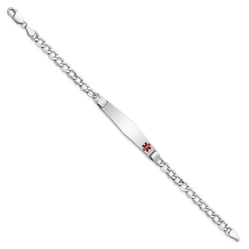 Engravable 14K White Gold Medical Soft Diamond Shape Red Enamel Cuban ID Bracelet Length 8 inches Width 8.8 mm With Lobster Claw Clasp