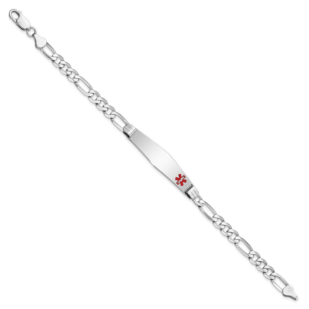 Engravable 14K White Gold Medical Soft Diamond Shape Red Enamel Figaro Link ID Bracelet Length 8 inches Width 9.5 mm With Lobster Claw Clasp