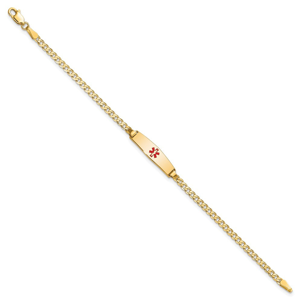 Engravable 14K Yellow Gold Medical Soft Diamond Shape Red Enamel Curb Link ID Bracelet Length 7 inches Width 5.5 mm With Lobster Claw Clasp