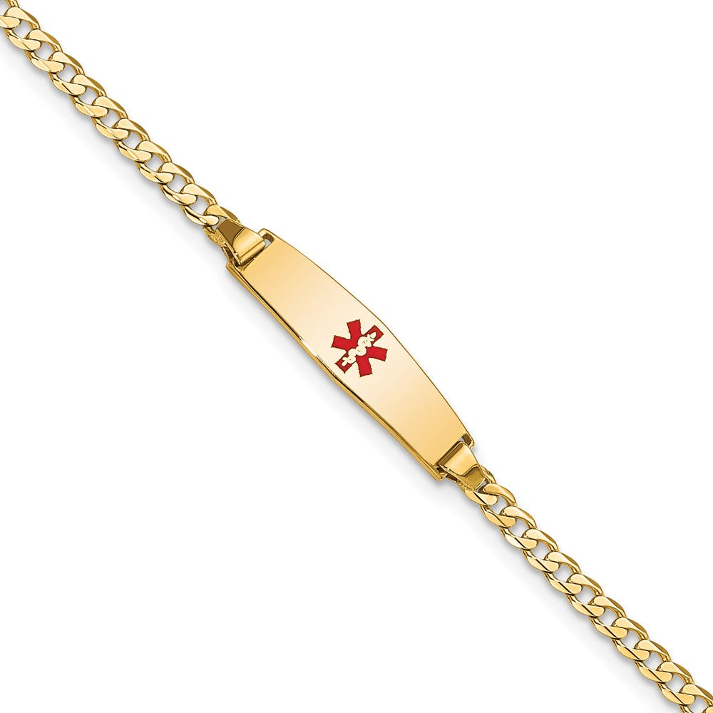 Engravable 14K Yellow Gold Medical Soft Diamond Shape Red Enamel Curb Link ID Bracelet Length 8 inches Width 5.5 mm With Lobster Claw Clasp