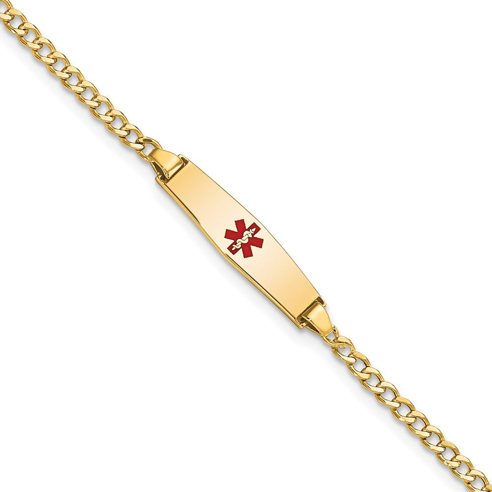 Engravable 14K Yellow Gold Medical Soft Diamond Shape Red Enamel ID Cuban Bracelet Length 7 inches Width 5.5 mm With Lobster Claw Clasp