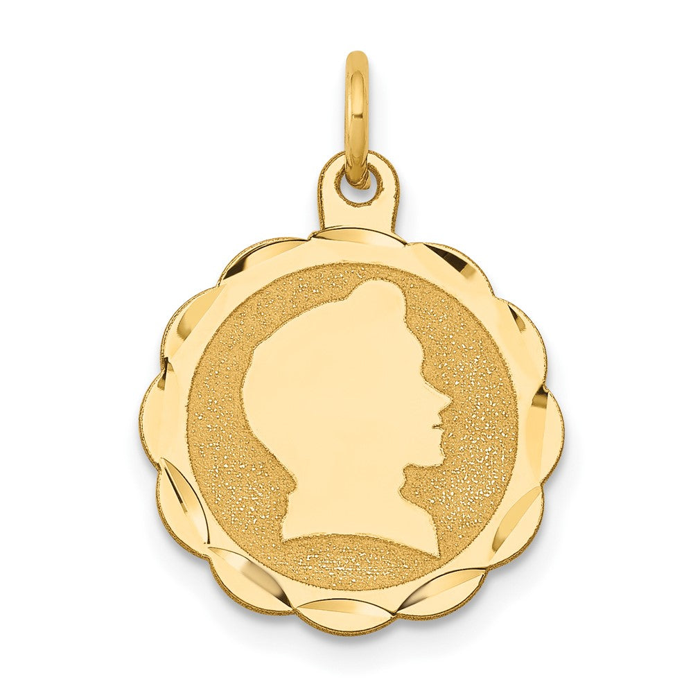 14k Yellow Gold Boy Head on .011 Gauge Scalloped Disc Engravable Charm Pendant Jewelry Gifts (Length 0.82" Width 0.59")