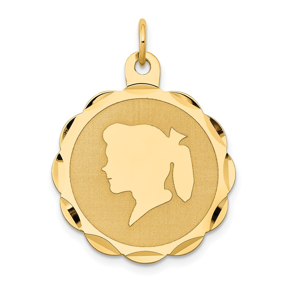 14k Yellow Gold Girl Head on .013 Gauge Scalloped Disc Engravable Charm Pendant Jewelry Gifts (Length 1.13" Width 0.86")