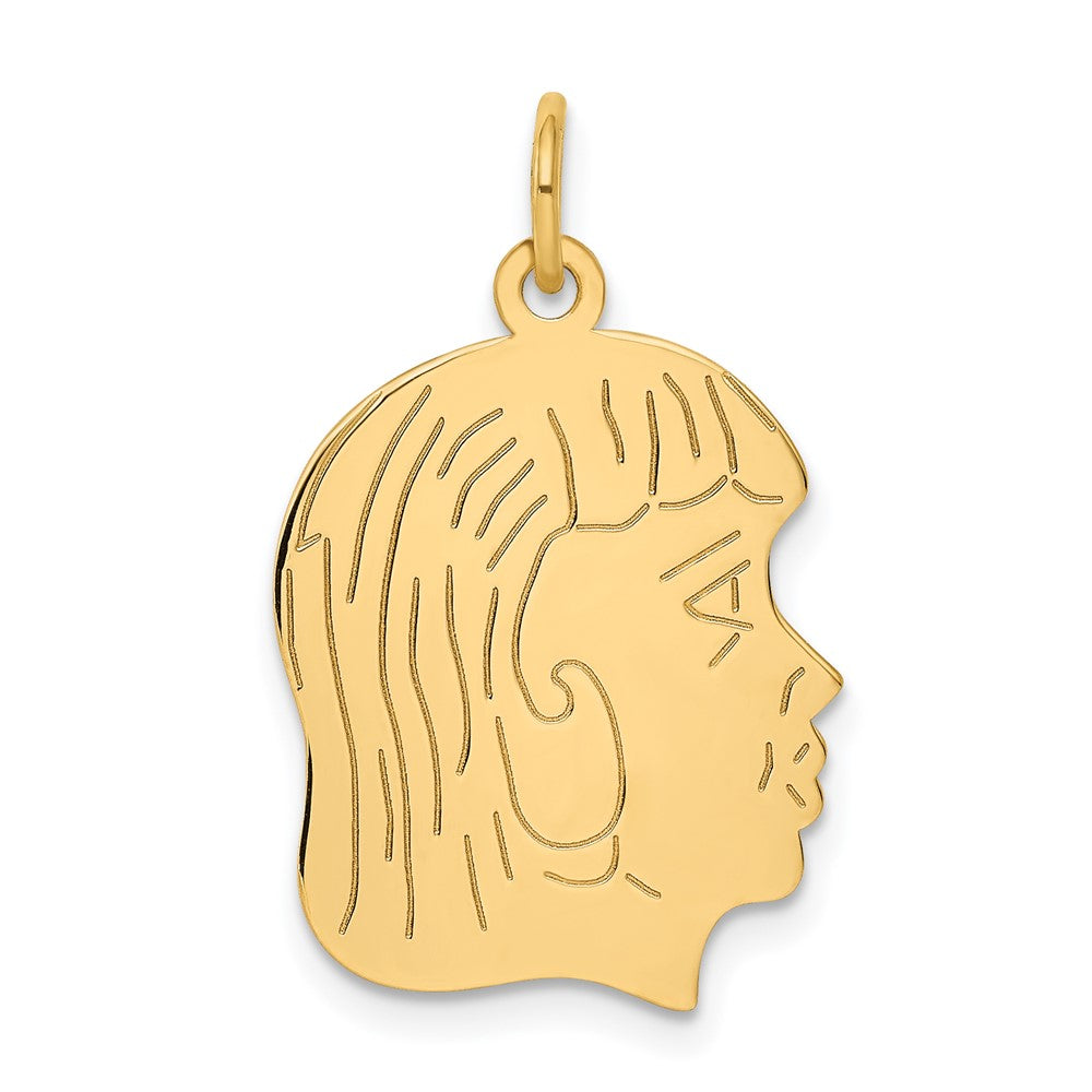 14k Yellow Gold .013 Depth Girl HeadEngravable Charm Pendant Jewelry Gifts (Length 1.05" Width 0.66")