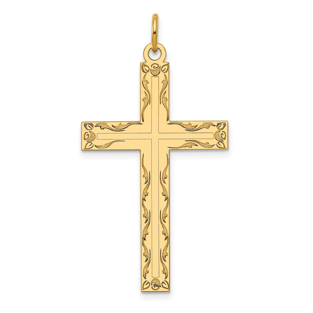 14k Yellow Gold Laser Designed Crucifix CrossEngravable Charm Pendant Jewelry Gifts (Length 1.56" Width 0.86")