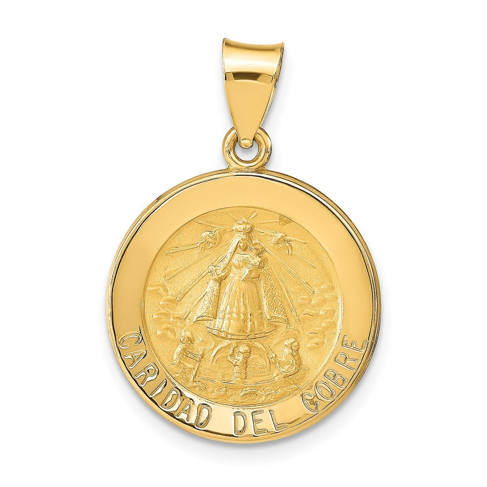14k Yellow Gold Polished and Satin Caridad del Cobre Medal Hollow Engravable Charm Pendant Jewelry Gifts (Length 1.05" Width 0.71")