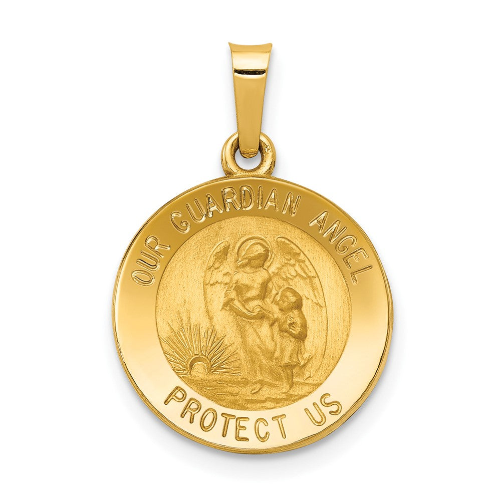 14k Yellow Gold Polished and Satin Our Guardian Angel Medal Hollow Engravable Charm Pendant Jewelry Gifts (Length 0.85" Width 0.58")