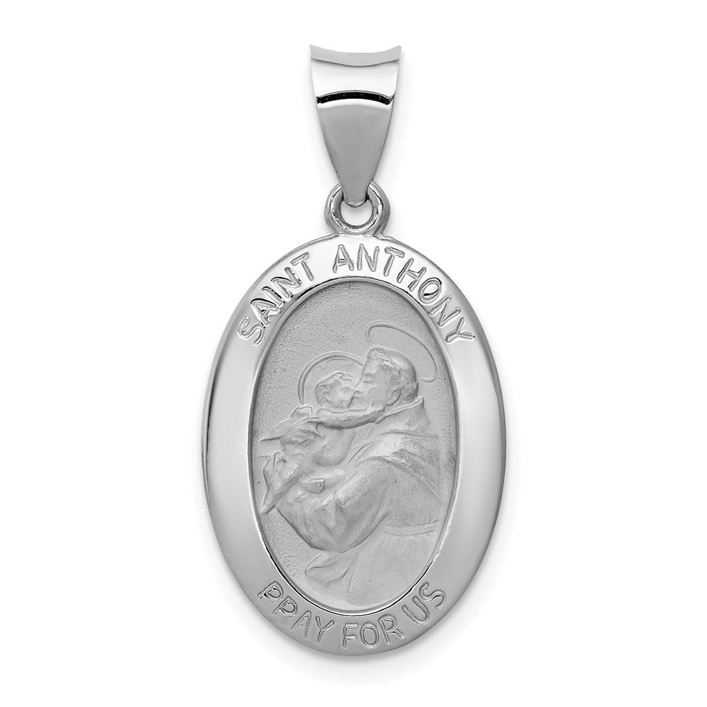 14k White Gold Polished Satin St. Anthony Medal Hollow Engravable Charm Pendant Jewelry Gifts (Length 1.13" Width 0.56")