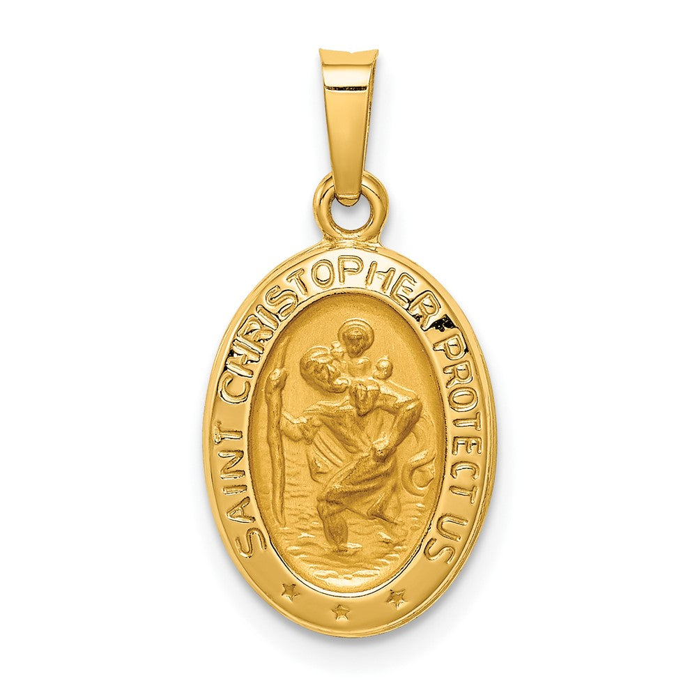 14k Yellow Gold Polished and Satin St. Christopher Medal Hollow Engravable Charm Pendant Jewelry Gifts (Length 0.87" Width 0.44")