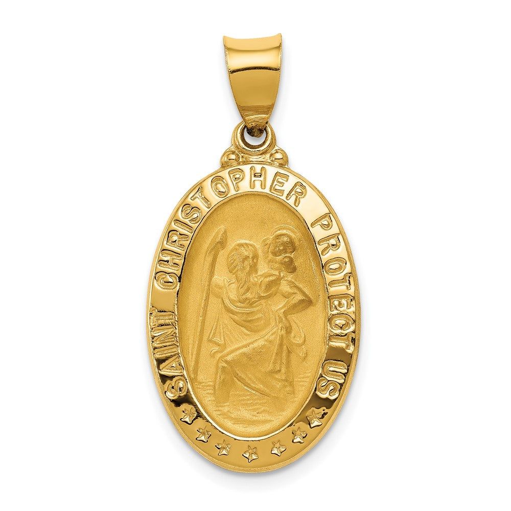 14k Yellow Gold Polished and Satin St. Christopher Medal Hollow Engravable Charm Pendant Jewelry Gifts (Length 1.23" Width 0.6")