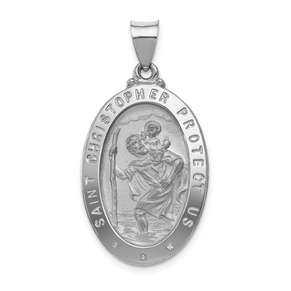 14k White Gold Polished Satin St Christopher Medal Hollow Engravable Charm Pendant Jewelry Gifts (Length 1.4" Width 0.72")