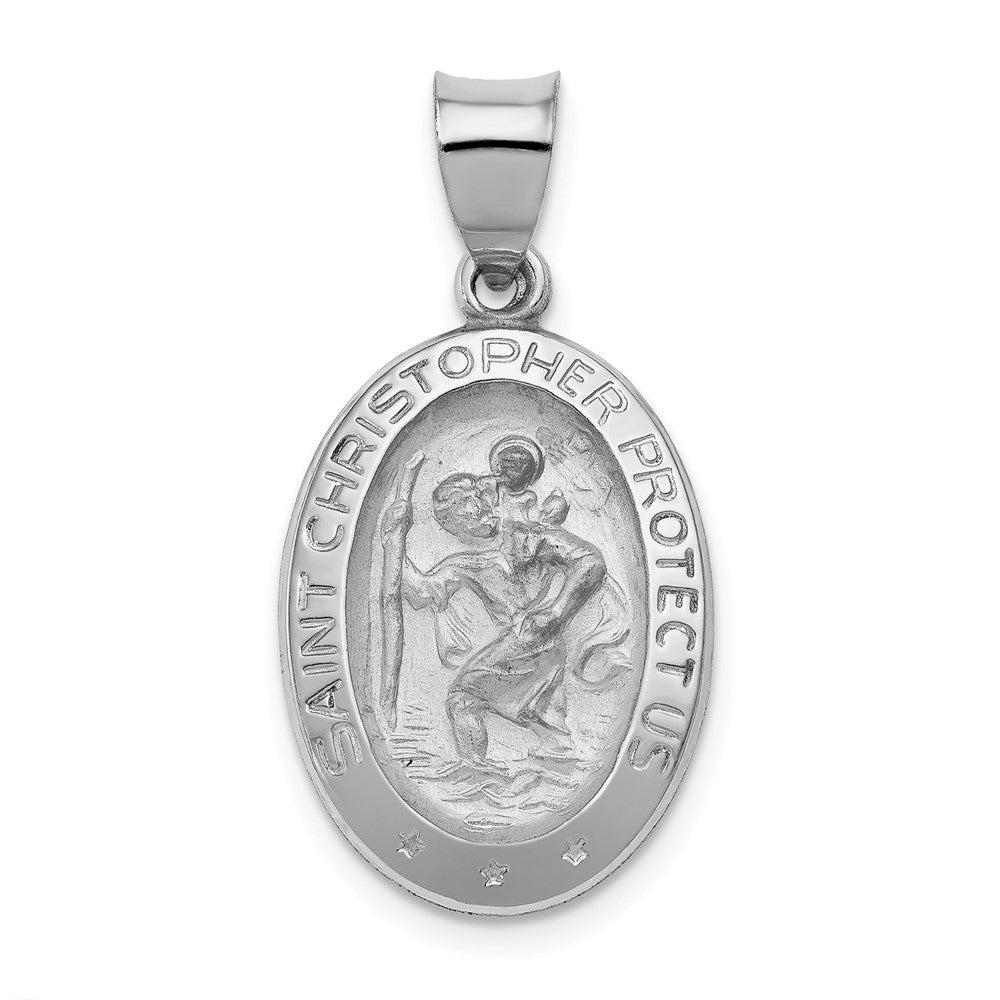 14k White Gold Polished Satin St Christopher Medal Hollow Engravable Charm Pendant Jewelry Gifts (Length 1.1" Width 0.59")