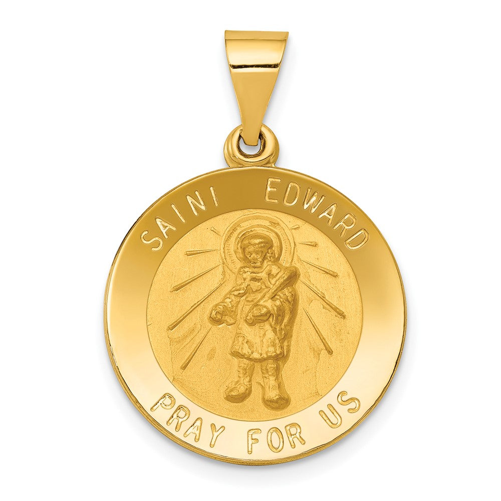 14k Yellow Gold Polished and Satin St Edward Medal Hollow Engravable Charm Pendant Jewelry Gifts (Length 1.04" Width 0.72")